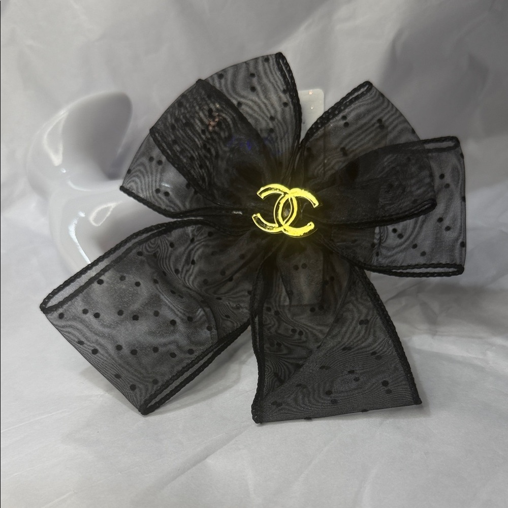 Fashion Black Organza Polka Dot Flower Hair Bow with Gold Center